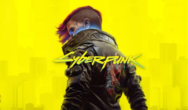 Cyberpunk 2077 key art: V in the Samurai jacket against a yellow Night City skyline