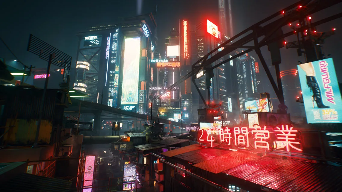 Night City at night, with neon signs in Japanese
