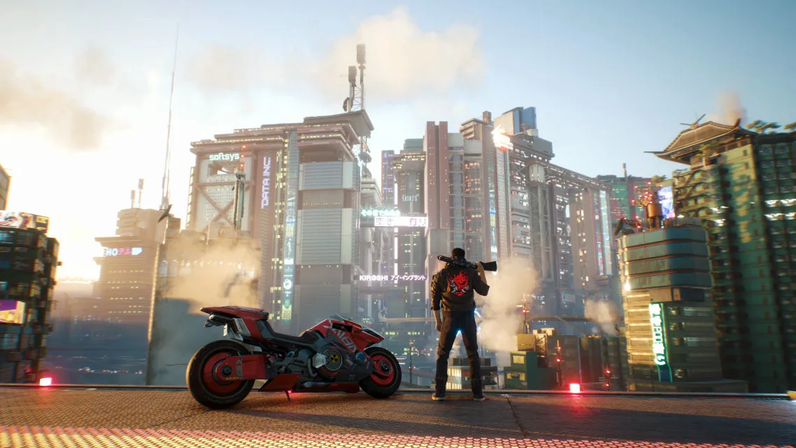 V standing next to a motorcycle, looking at the Night City skyline