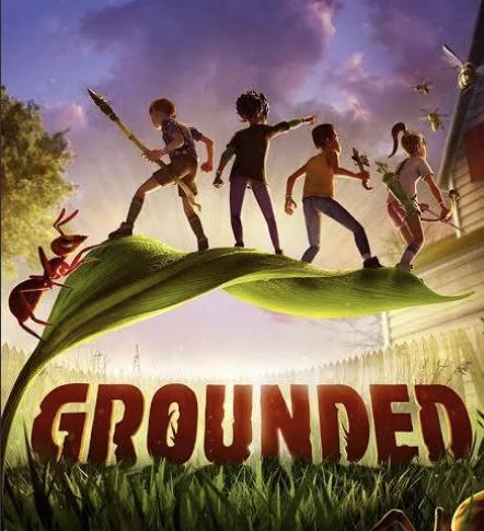 Grounded key art: four teenagers the size of insects standing on a blade of grass above the game's logo