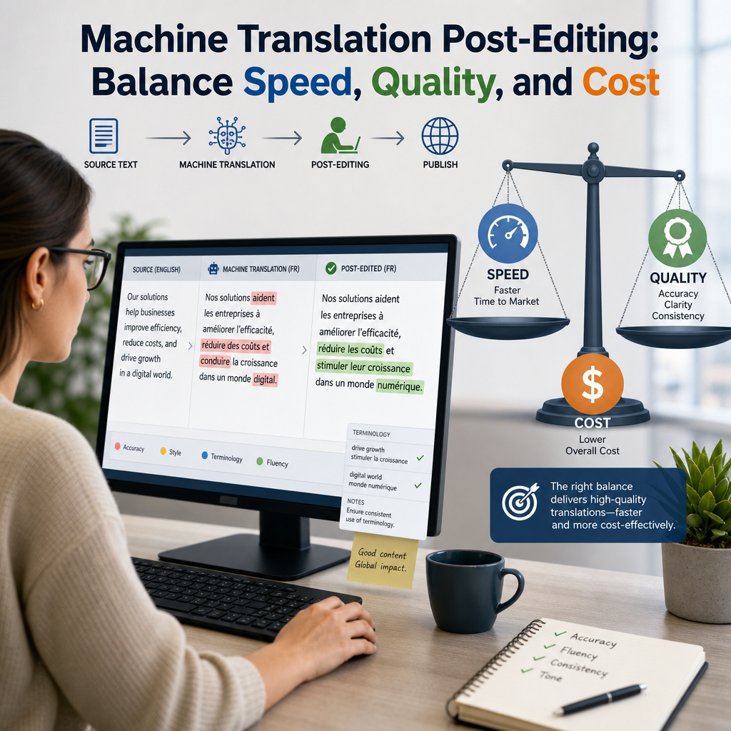 Infographic showing machine translation post-editing balancing speed, quality, and cost.