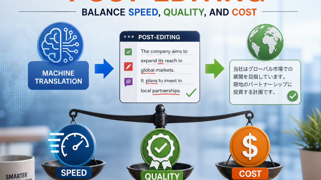 Infographic on Machine Translation Post-Editing balancing speed, quality, and cost.