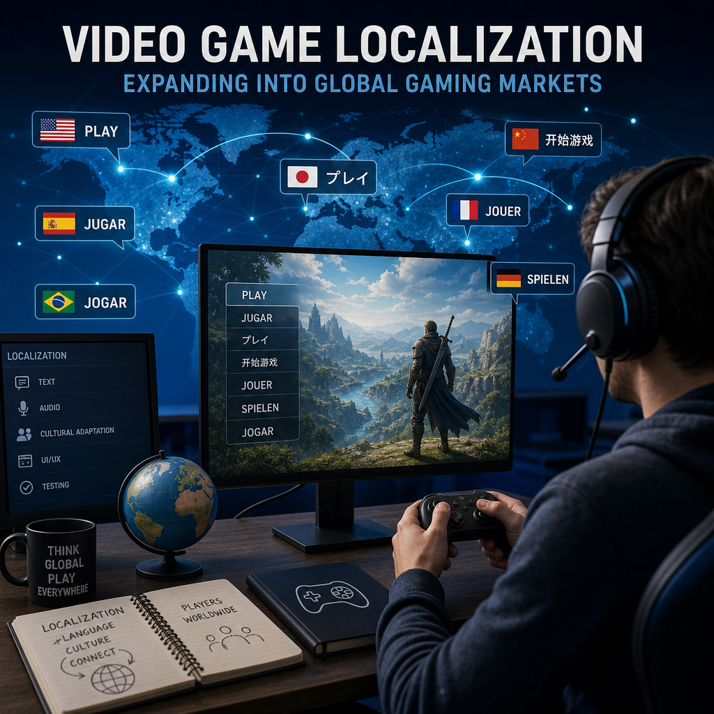 Illustration of video game localization with multilingual gameplay options and cultural adaptation for global markets