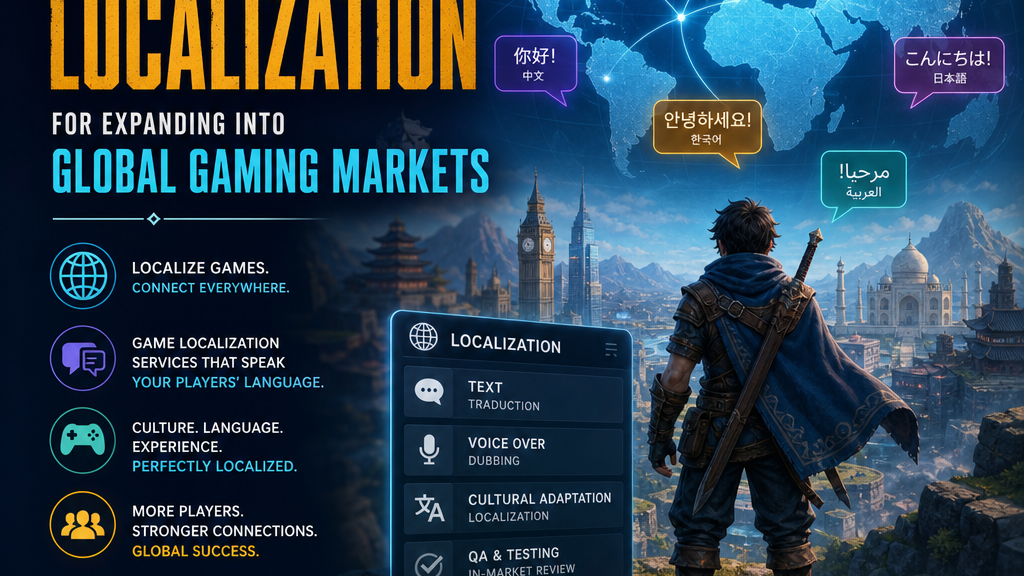 Illustration of video game localization services adapting games for global markets and diverse player cultures